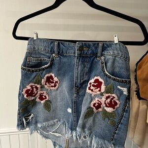 Free People Denim Mini Skirt with Floral Embroidery